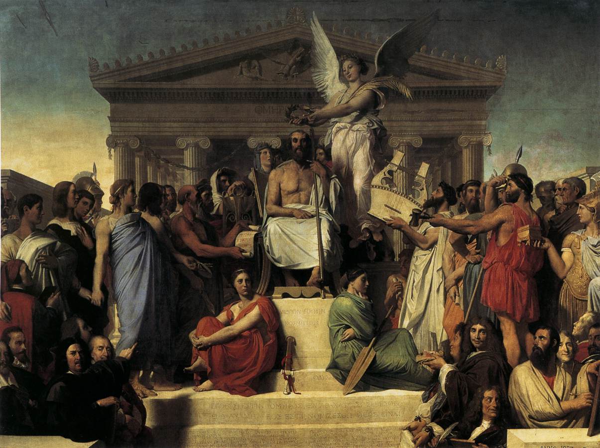 A classical painting of Homer enthroned before a temple, surrounded by great artists and thinkers